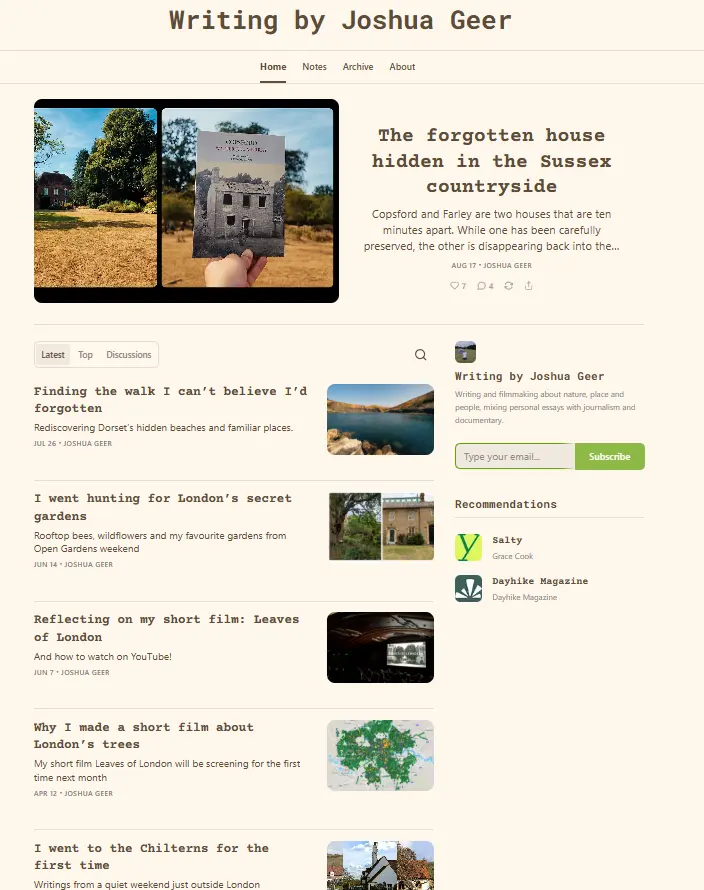 Writing by Joshua Geer Substack homepage